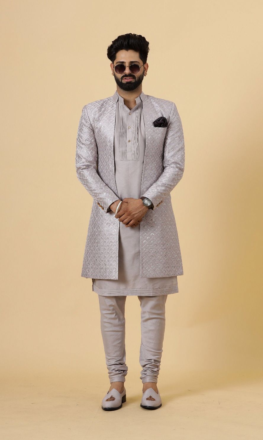 Aesthetic Silver Grey open Sherwani Achkan for Men| Formal Indian Event festival | Perfect for Family Weddings & Grooms