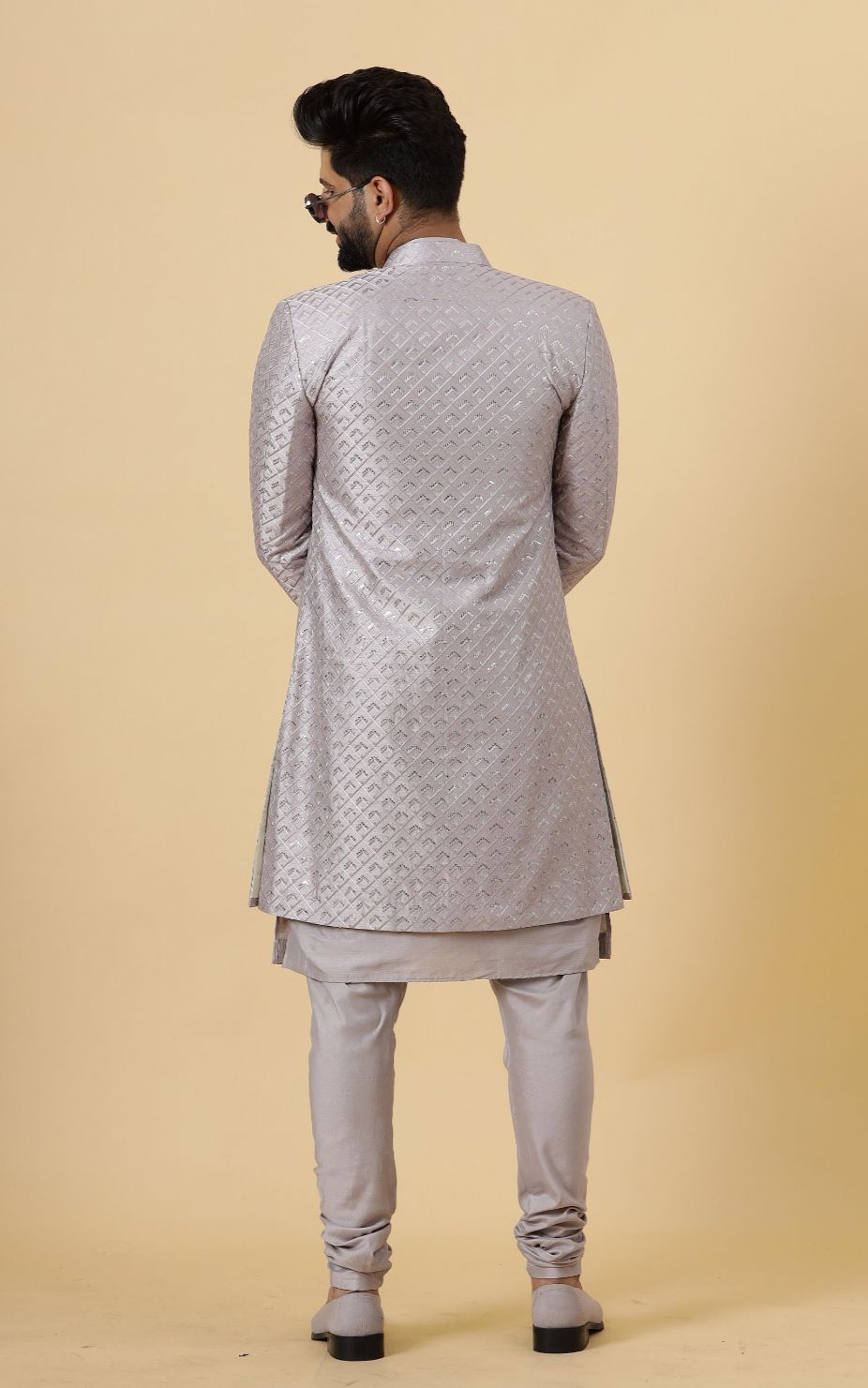 Aesthetic Silver Grey open Sherwani Achkan for Men| Formal Indian Event festival | Perfect for Family Weddings & Grooms