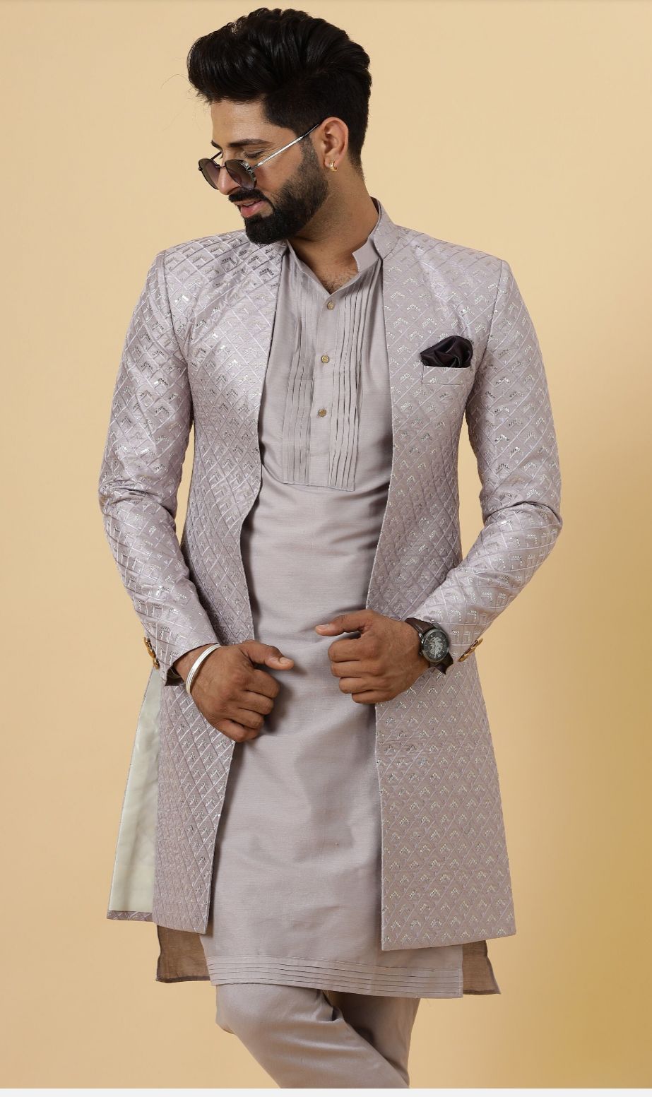 Aesthetic Silver Grey open Sherwani Achkan for Men| Formal Indian Event festival | Perfect for Family Weddings & Grooms