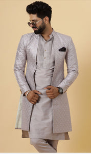 Aesthetic Silver Grey open Sherwani Achkan for Men| Formal Indian Event festival | Perfect for Family Weddings & Grooms