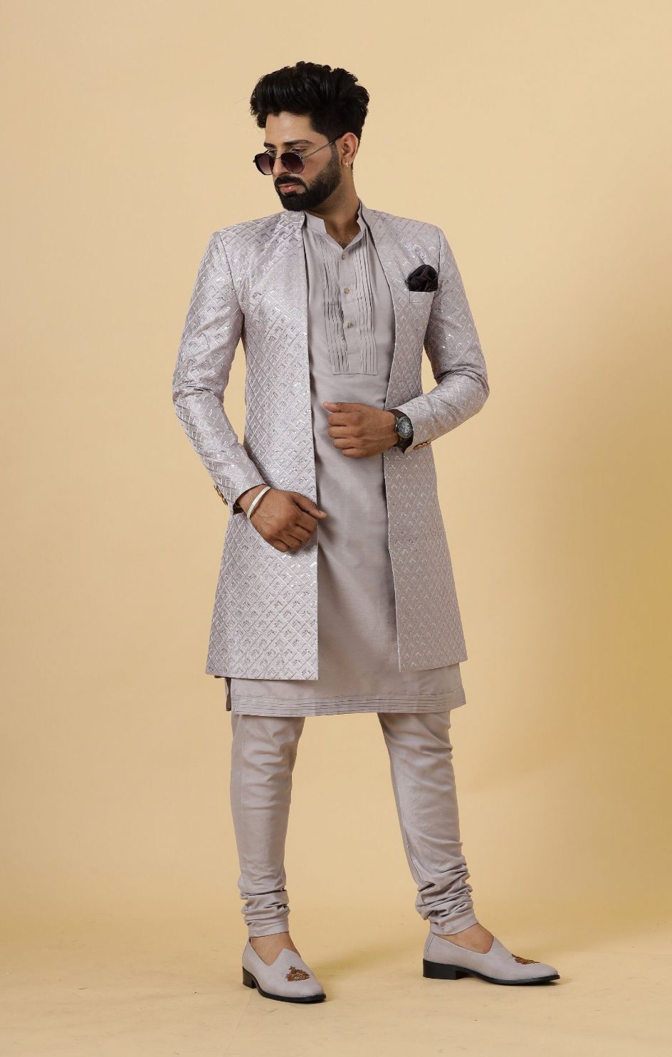 Aesthetic Silver Grey open Sherwani Achkan for Men| Formal Indian Event festival | Perfect for Family Weddings & Grooms