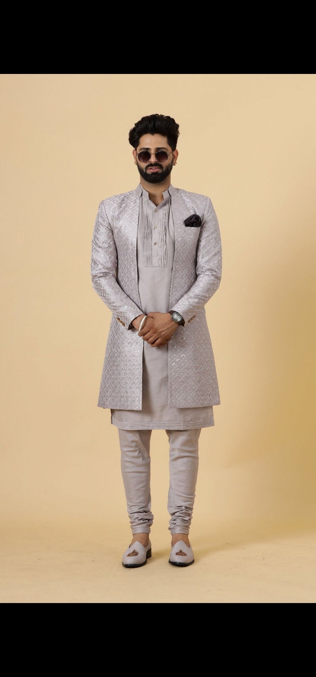 Aesthetic Silver Grey open Sherwani Achkan for Men| Formal Indian Event festival | Perfect for Family Weddings & Grooms