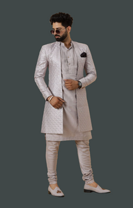 Aesthetic Silver Grey open Sherwani Achkan for Men| Formal Indian Event festival | Perfect for Family Weddings & Grooms