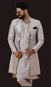 Aesthetic Silver Grey open Sherwani Achkan for Men| Formal Indian Event festival | Perfect for Family Weddings & Grooms