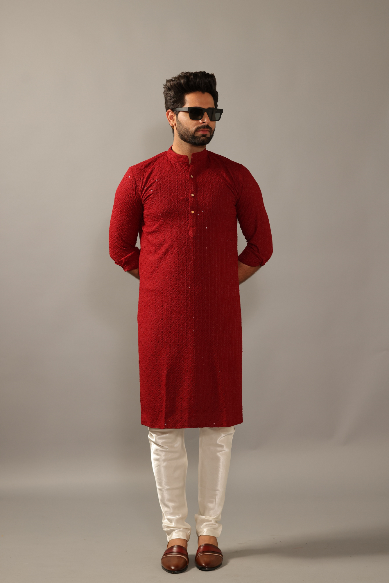 Hand-crafted Ruby Red Lucknowi Chikankari Embroidered Kurta-Pajama Set| Best for Wedding wear, Festive wear| Navratri, Diwali, Raksha Bandhan|