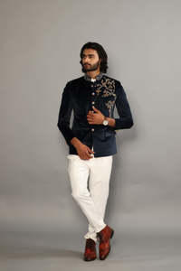 Alluring Navy Hand Embroidered Floral Motif Jodhpuri Bandhgala with White Trouser |Hand-Enameled Buttons | Indo Western Antique Classic Work|