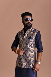 Stunning Diamond Pattern Banarasi Brocade Nehru Jacket with Kurta Pajama Set |Navy Blue-Golden| Best For Wedding Functions