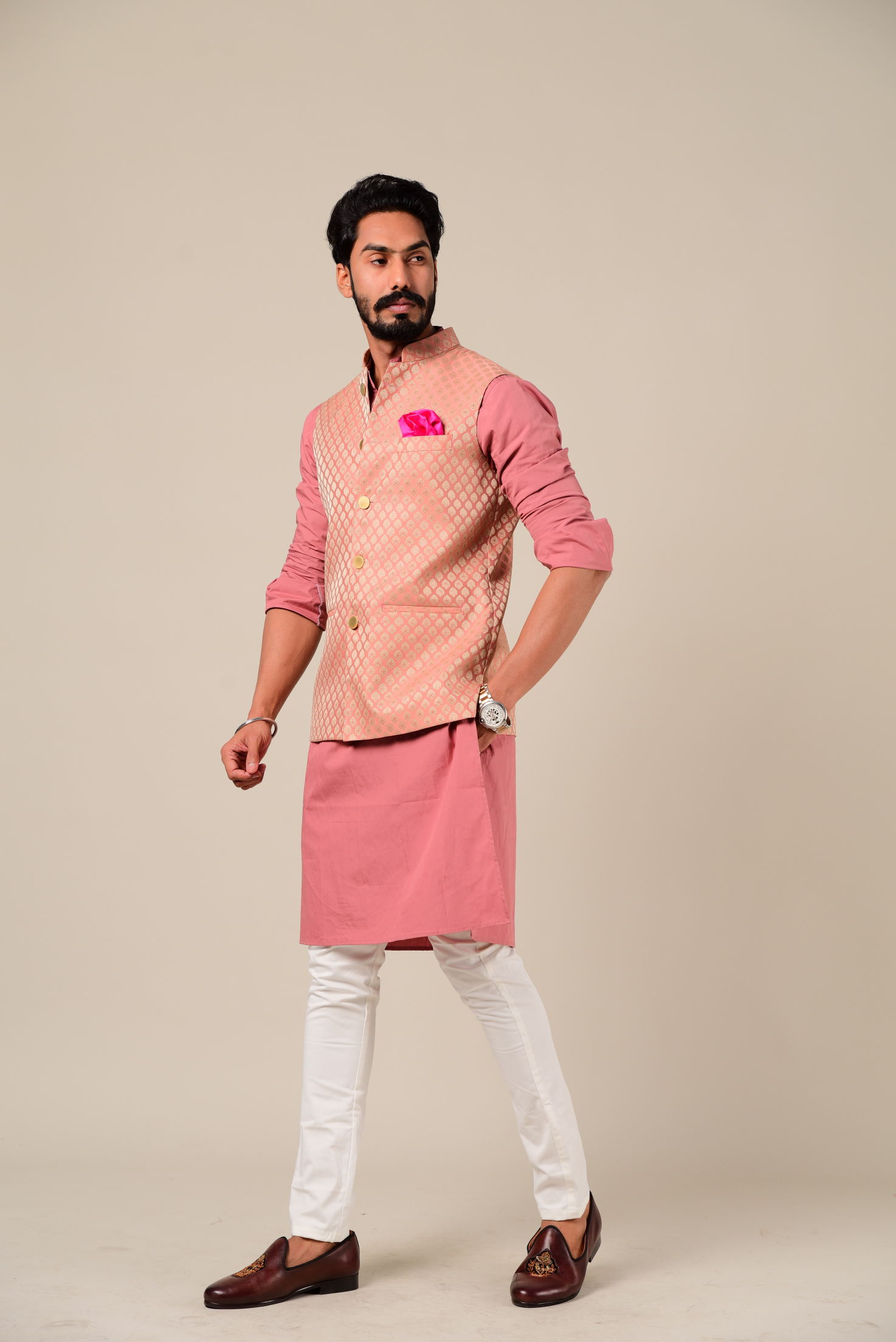 Stunning Ballet Pink Brocade Half Jodhpuri Jacket with Kurta-Pajama Set| Perfect for Wedding wear, Functional wear and Festive wear| Raksha Bandhan ,Diwali, Navratri|
