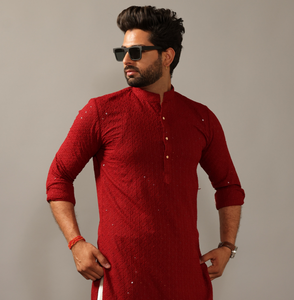 Hand-crafted Ruby Red Lucknowi Chikankari Embroidered Kurta-Pajama Set| Best for Wedding wear, Festive wear| Navratri, Diwali, Raksha Bandhan|