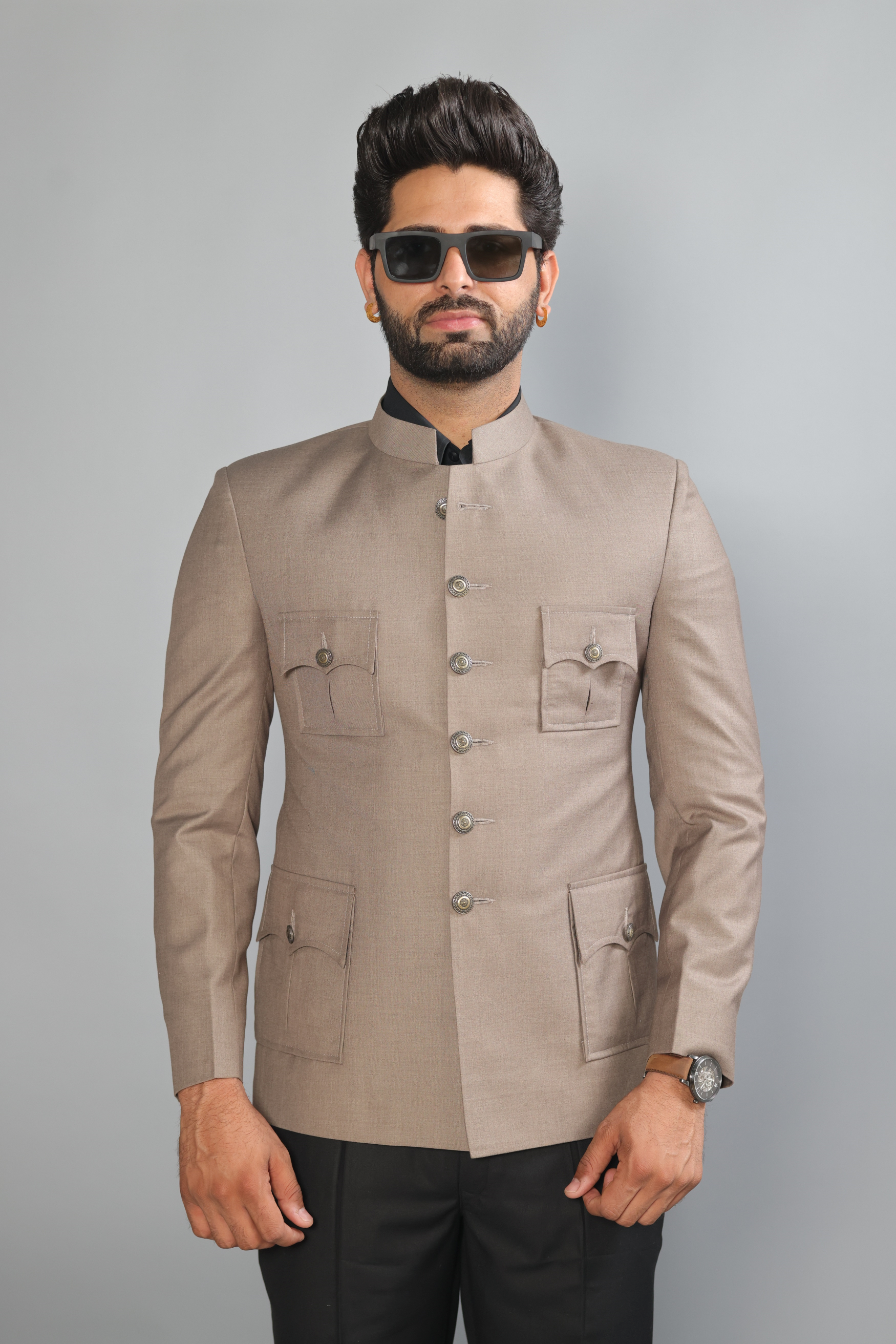 Exclusive Mink Brown  4 pocket Hunting Style Jodhpuri Bandh gala with Black Trouser | Elegant Elite Styling | Perfect for Family Weddings Formal Parties Ring Ceremony