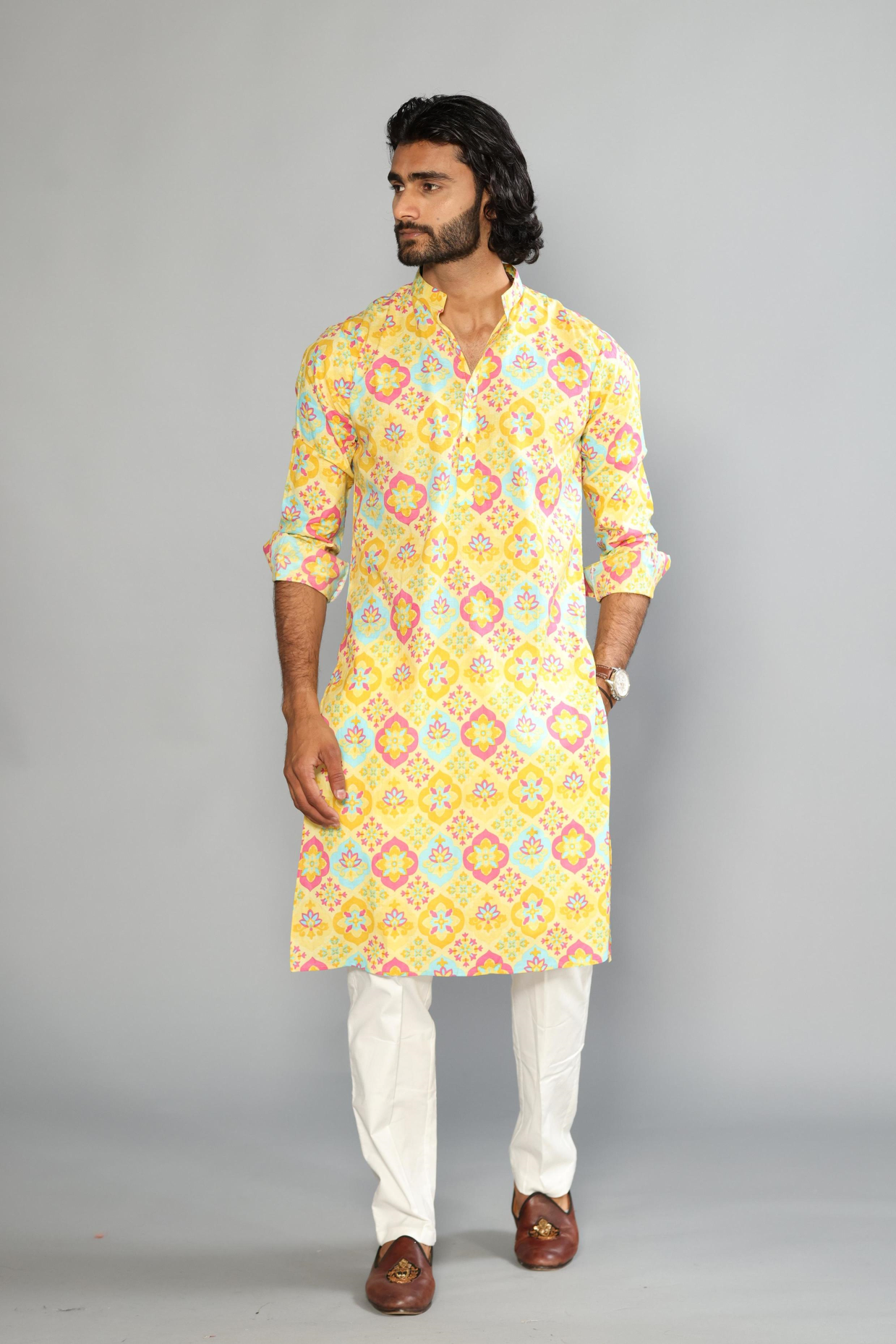 Hand-crafted Minion Yellow Baraque Printed Sanganeri Kurta with White Pajama | Diwali Eid, Pooja | Traditional, Wedding, Indian Party Wear