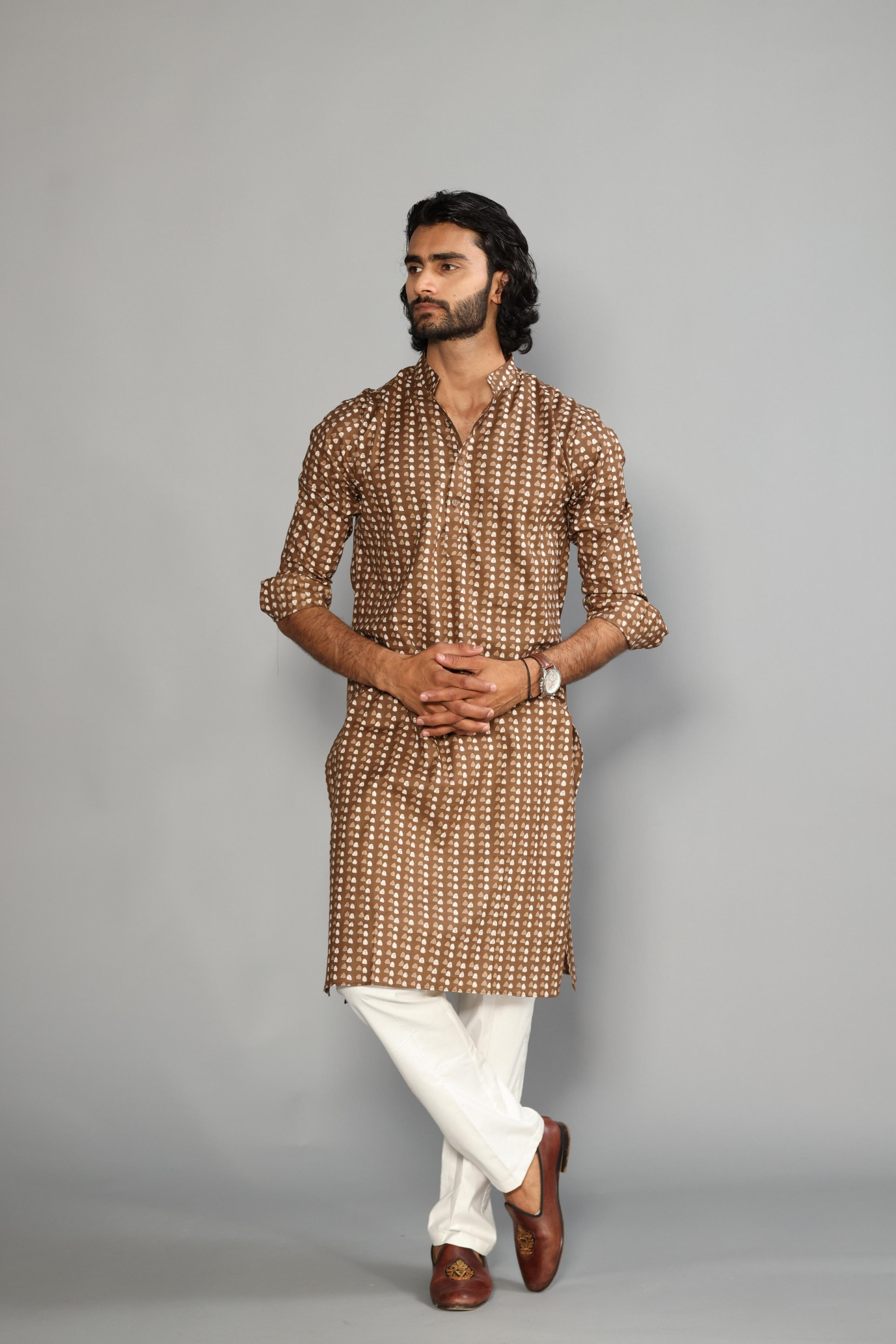 Alluring Walnut Brown Sanganeri Printed Kurta with White Pajama | Diwali Eid, Pooja | Traditional, Functional, Wedding, Indian Party Wear