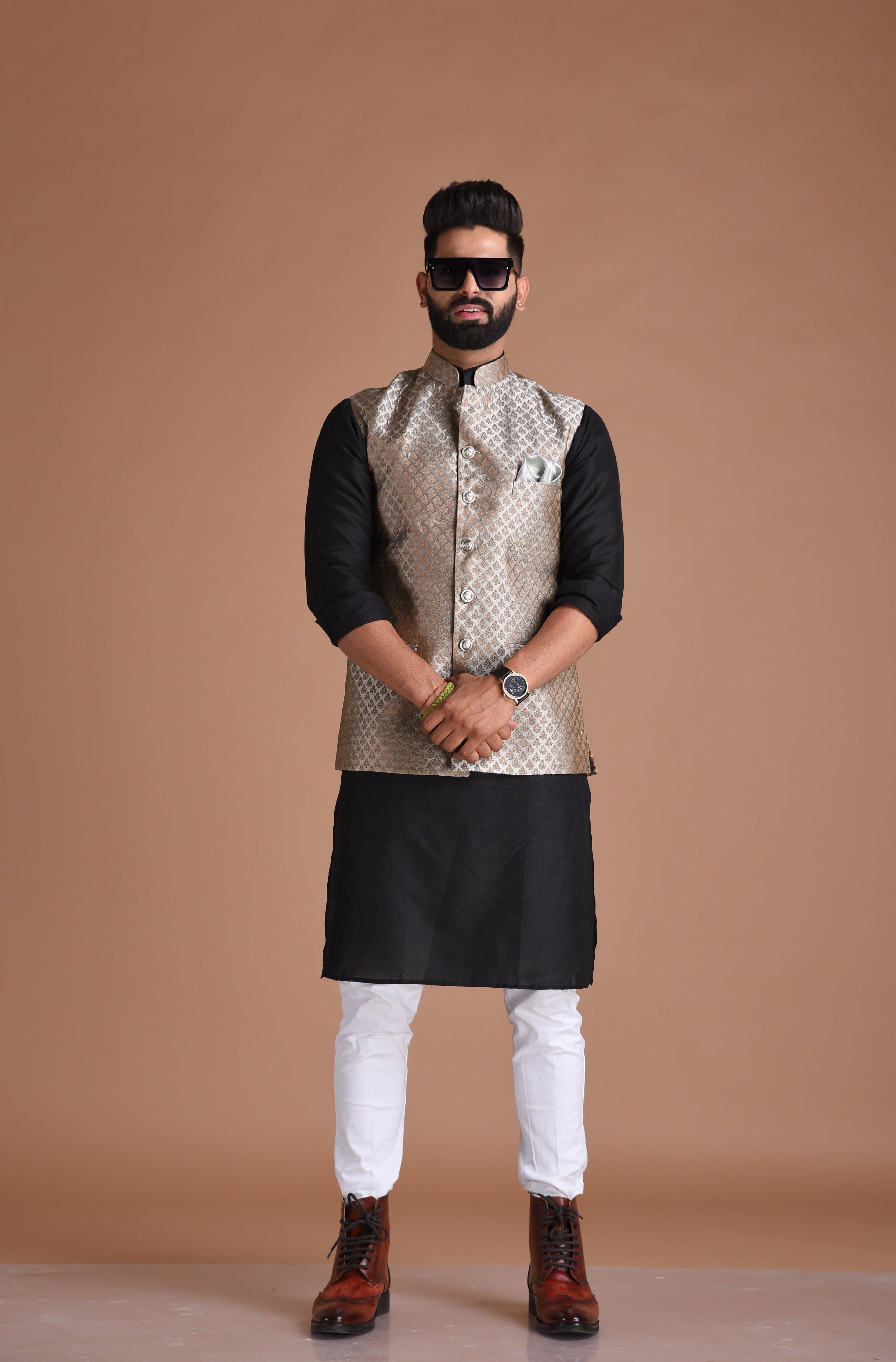 Elegant Grey Banarasi Silk Leaf Pattern Half Jodhpuri Jacket | Best For Wedding Functions