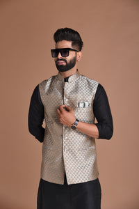 Elegant Grey Banarasi Silk Leaf Pattern Half Jodhpuri Jacket | Best For Wedding Functions