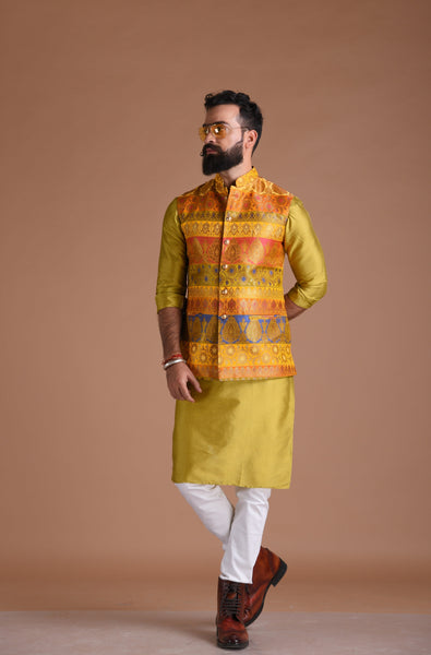 Elegant Jodhpuri Lemon Yellow Nehru Modi Jacket with Kurta Pajama Set | eBay