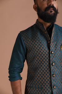 Traditional Teal Green Booti Pattern Banarasi Brocade Nehru Jacket With Silk Kurta Pajama Set | Free Personalisation Handmade | Wedding Functions