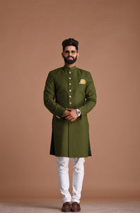 Alluring Solid Green Silk Sherwani Achkan for Men | Mehndi Color | Formal Kurta Style wear | Perfect for Family Weddings & Grooms | Elite Styling