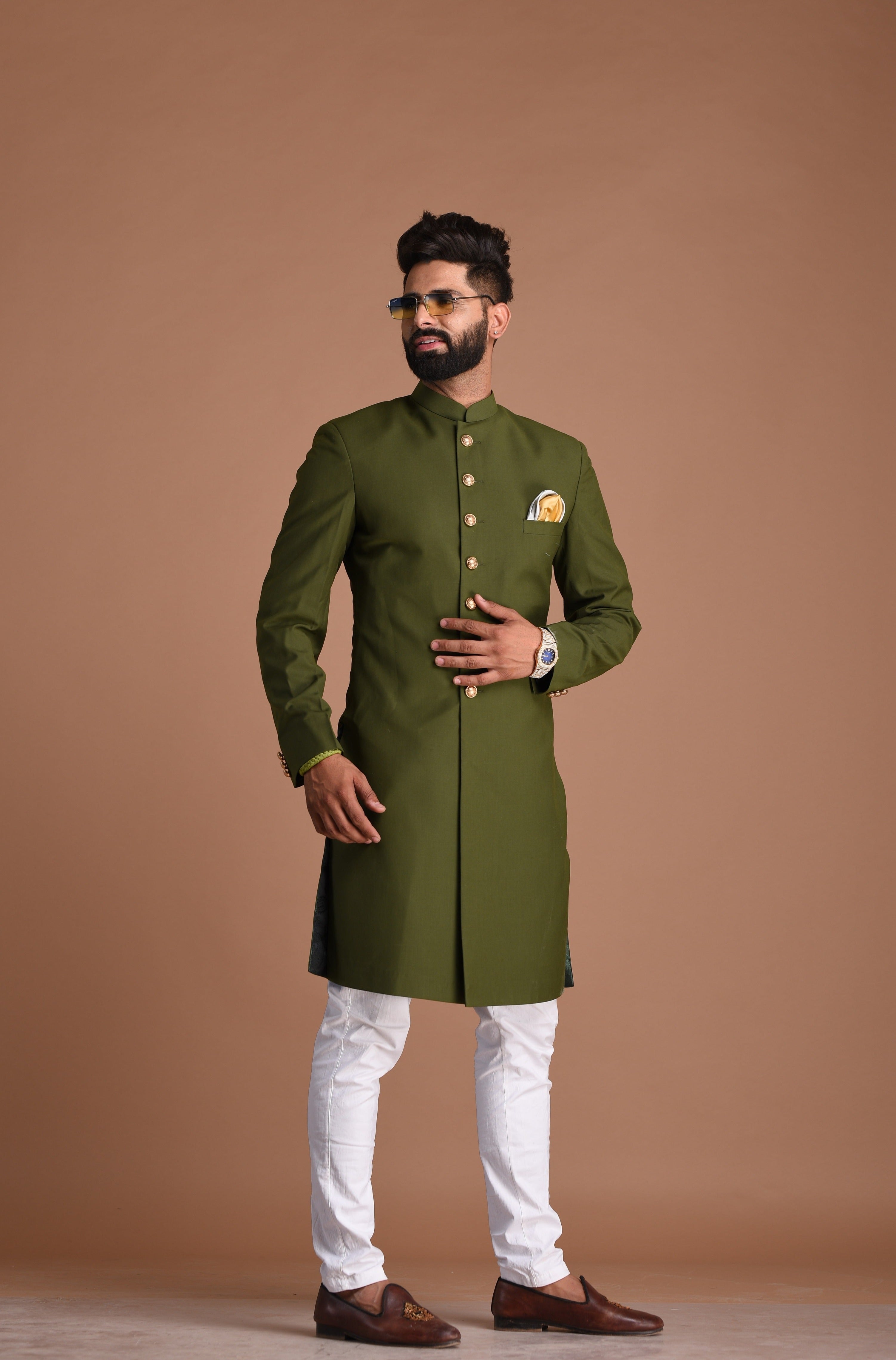 Alluring Solid Green Silk Sherwani Achkan for Men | Mehndi Color | Formal Kurta Style wear | Perfect for Family Weddings & Grooms | Elite Styling