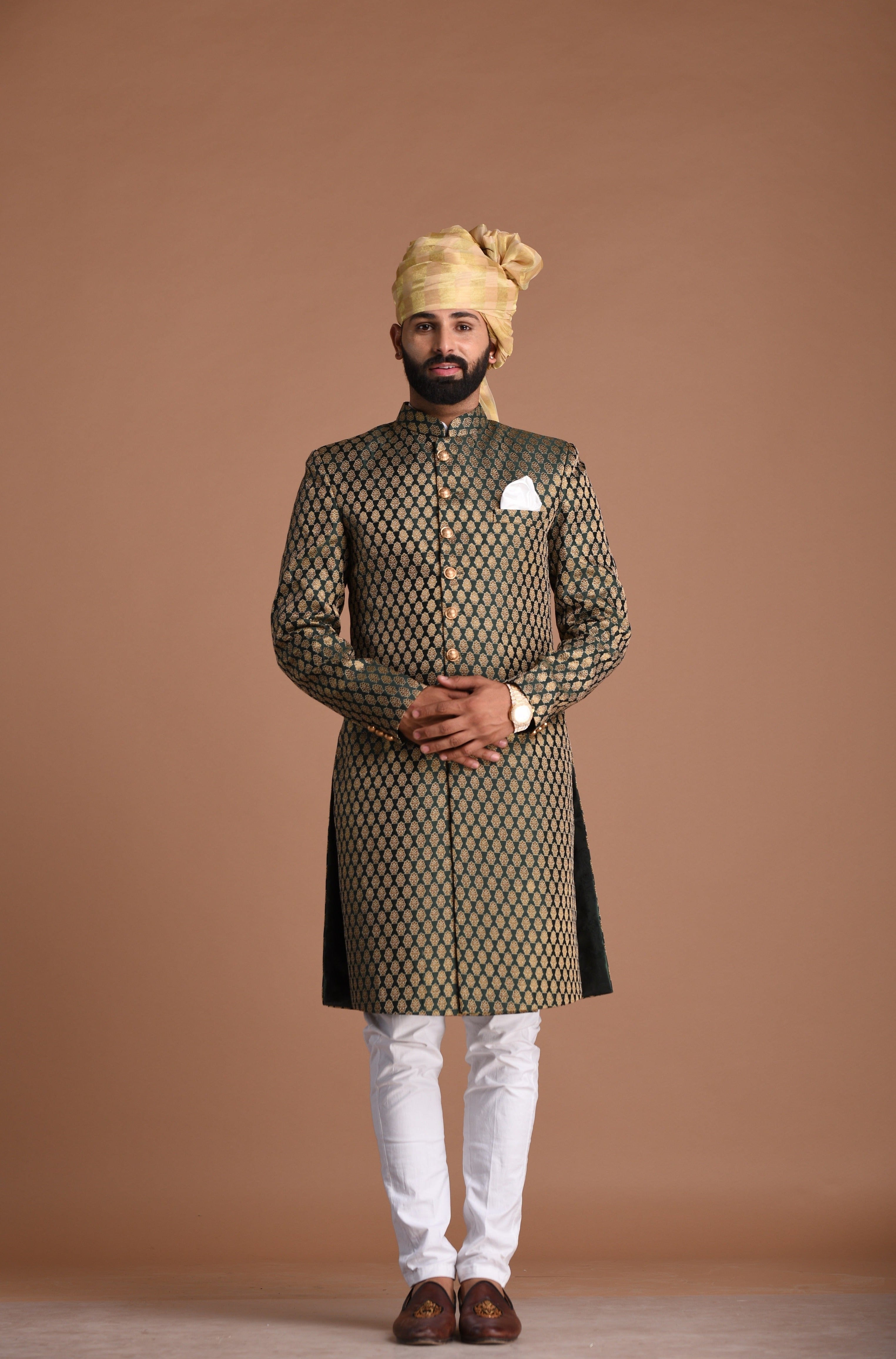 Traditional Handmade Booti Pattern Brocade Silk Sherwani Achkan for Men | Dark Green Color | Functions wear | Perfect for Family Weddings & Grooms